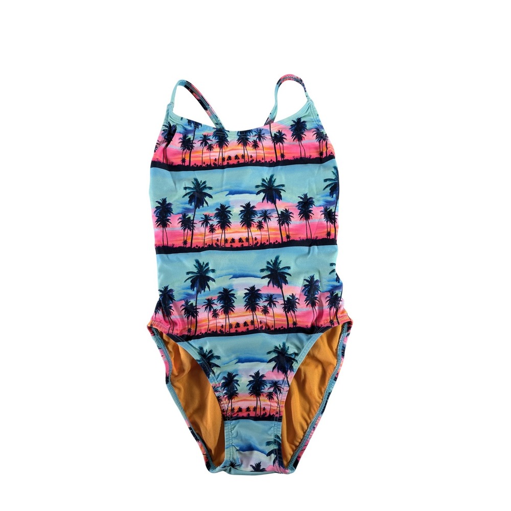 Dolfin Uglies Womens Size 32 One Piece Swimsuit Turquoise Sunset Palm Trees New